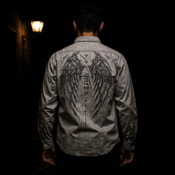 Affliction Y2K Button Up Edgy Grunge Long Sleeve Cotton Shirt, Size XL - Picture 2 of 15